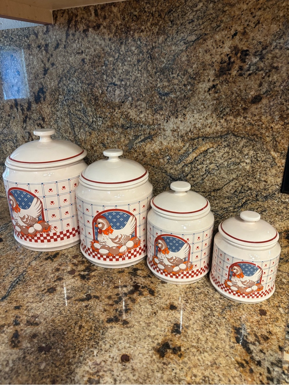 Vintage nesting chicken Farmhouse Hen Ceramic Canister Set - Red, Blue & Cream